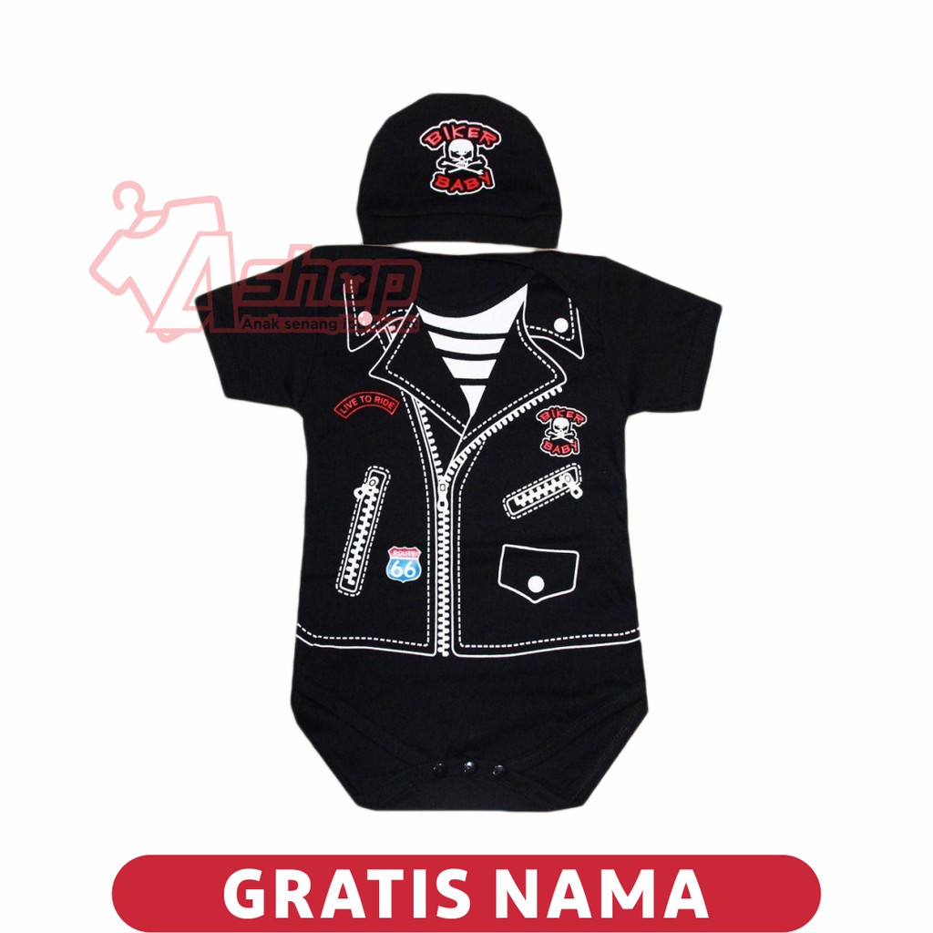 Jumpsuit Bayi Motif Baby Biker Plus Topi