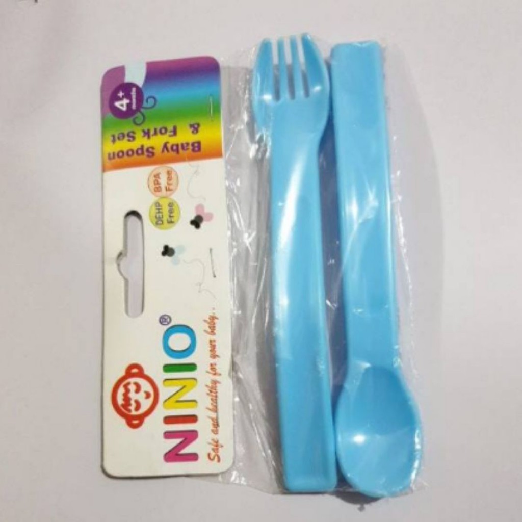 Sendok Garpu Bayi Mpasi Spoon Fork Training Baby NINIO Food Grade, BPA FREE, SNI | Set Sendok Garpu  Bayi Antisedak Gagang Pendek