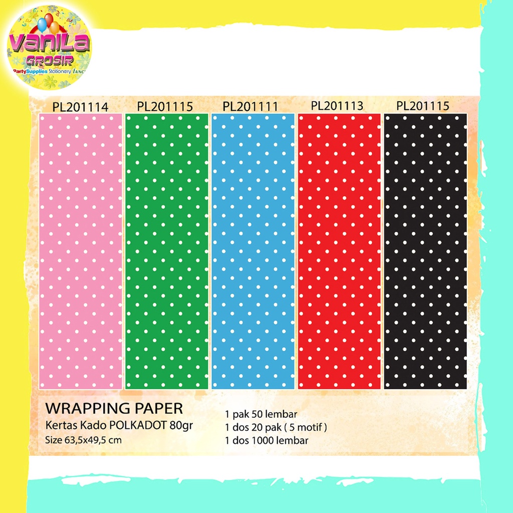 Jual Kertas Kado Polkadot 5 Warna Kertas Kado Wrapping Paper Kertas Kado Setara Sanwa Sansan 1430