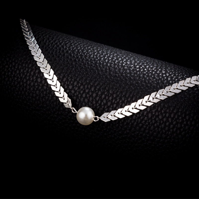 Kalung Choker Rantai Klavikula Hias Mutiara Sequin Tulang Ikan Gaya Korea Untuk Wanita