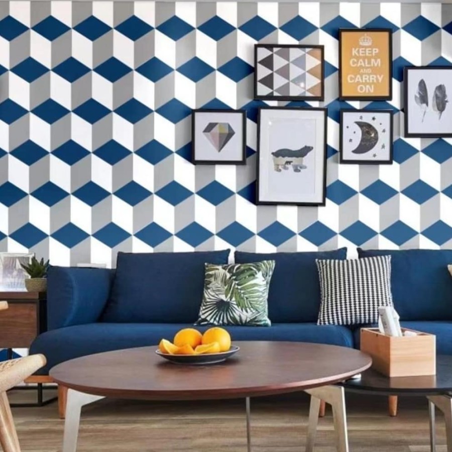 Wallpaper Dinding Motif Kotak Kubus Biru Tua 3D Ukuran 10 Meter X 45 Cm