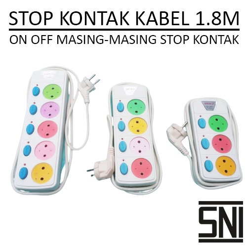 Stop Kontak + Kabel 3 / 4 / 5 Lubang 1.8M Colokan Listrik Warna Warni Standart SNI