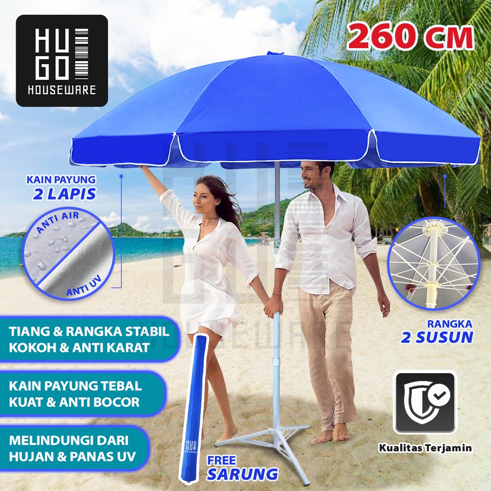 HUGO Payung Tenda Lapak 260 cm Payung Jualan Dua Lapis Dobel Jari Jumbo Anti UV Anti Angin dengan Sarung