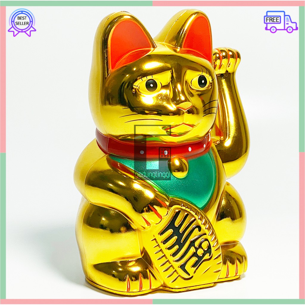 Boneka Hiasan Dekorasi Pajangan Patung Kucing Hoki Keberuntungan Lucky Cat Rejeki Maneki Neko Maneko Neki Emas Gold Tangan Gerak Goyang Baterai Batre Batrai Batrei Non Solar Listrik Jepang Cina China Meja Kasir Toko Size Ukuran Besar Kecil Sedang Medium