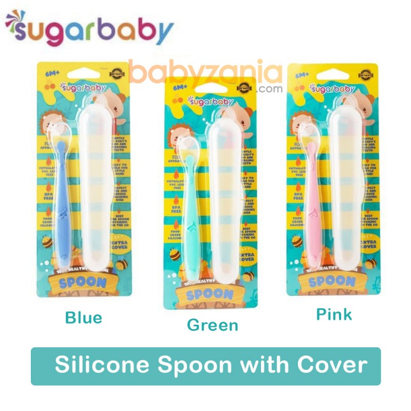 Sugar Baby Silicone Spoon with Cover Set Sendok Bayi Travel - Pink / Blue / Green