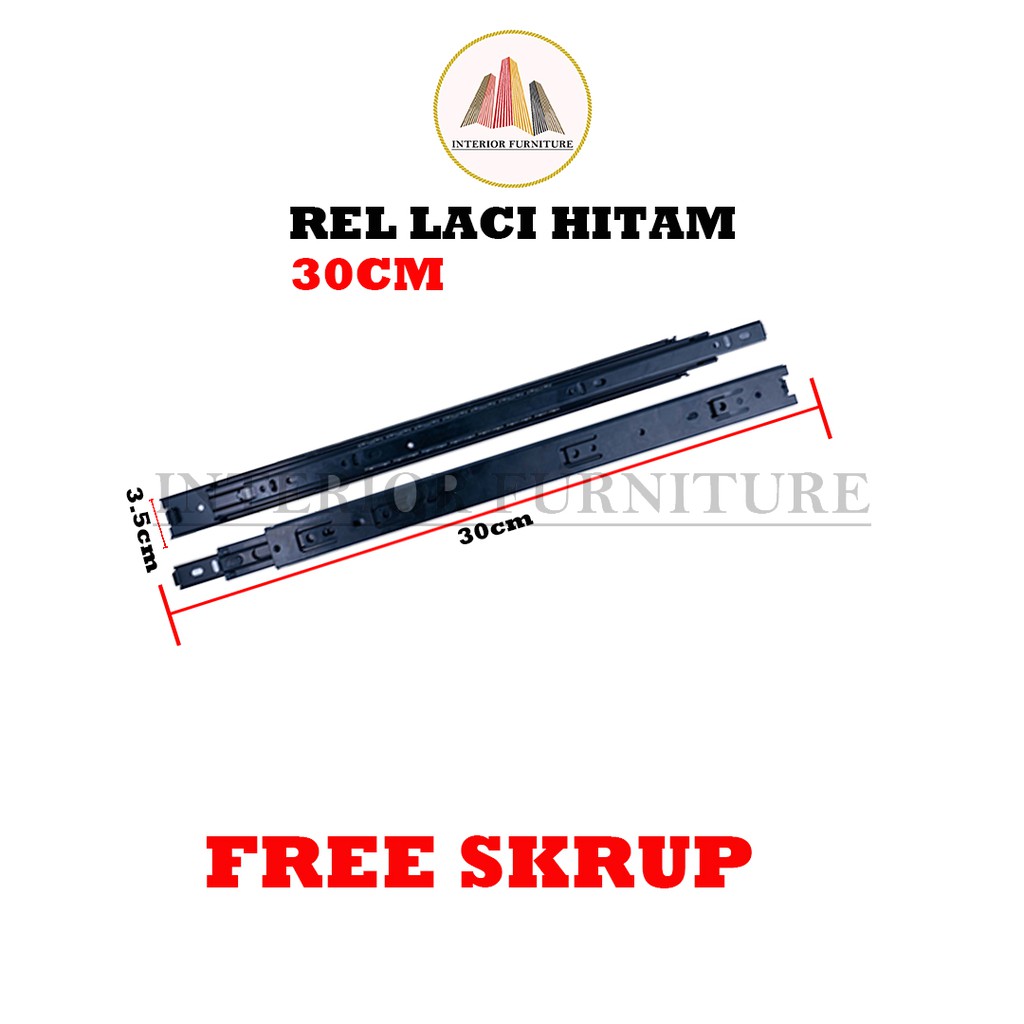 Rel Laci Double Track Hitam 30 cm Full Extention 2x Tarikan, FREE SEKRUP