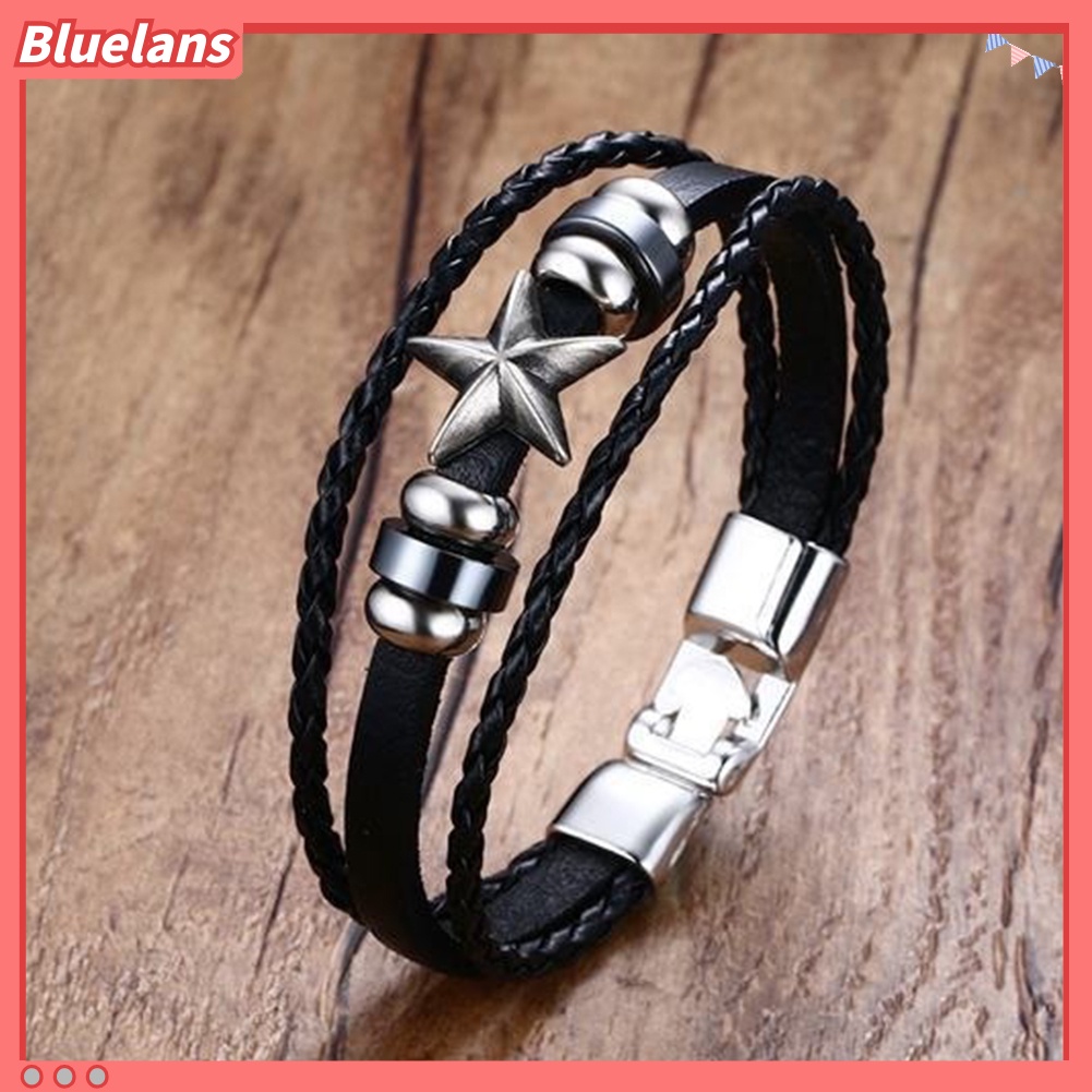 Bluelans Men Punk Star Alloy Charm Multilayer Braided Faux Leather Bracelet Jewelry