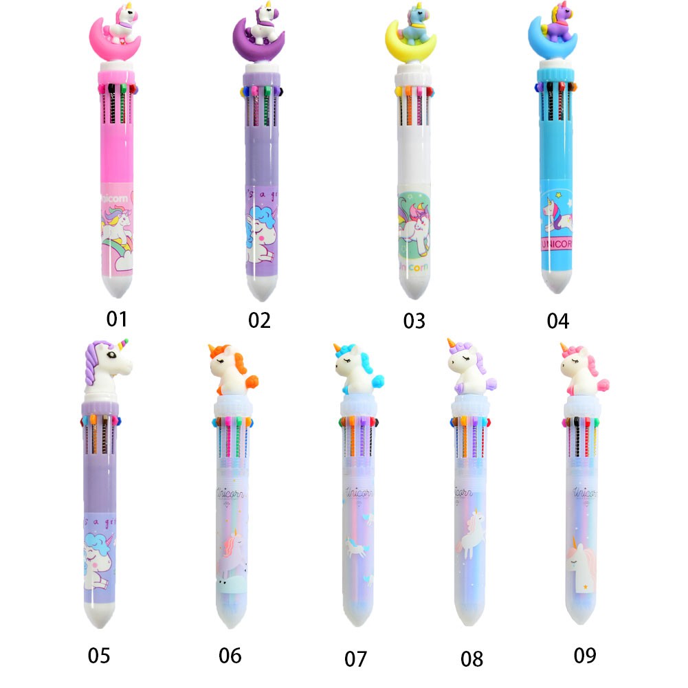 Pulpen 10 Warna Dengan Hiasan Kartun Unicorn Lucu Untuk Sekolah/Kantor