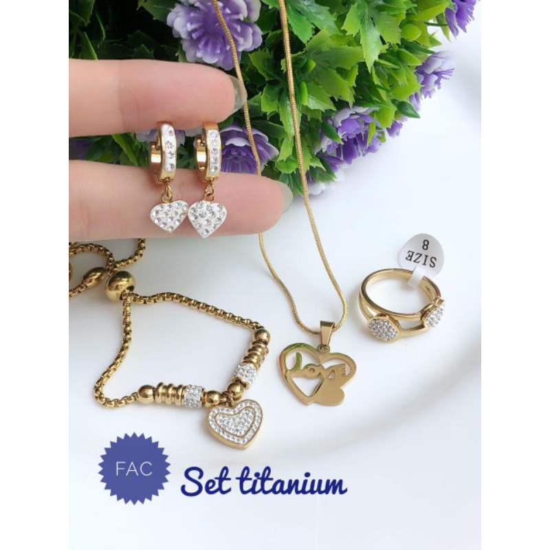 [TITANIUM] paket perhiasan titanium set gelang serut love gold 061220