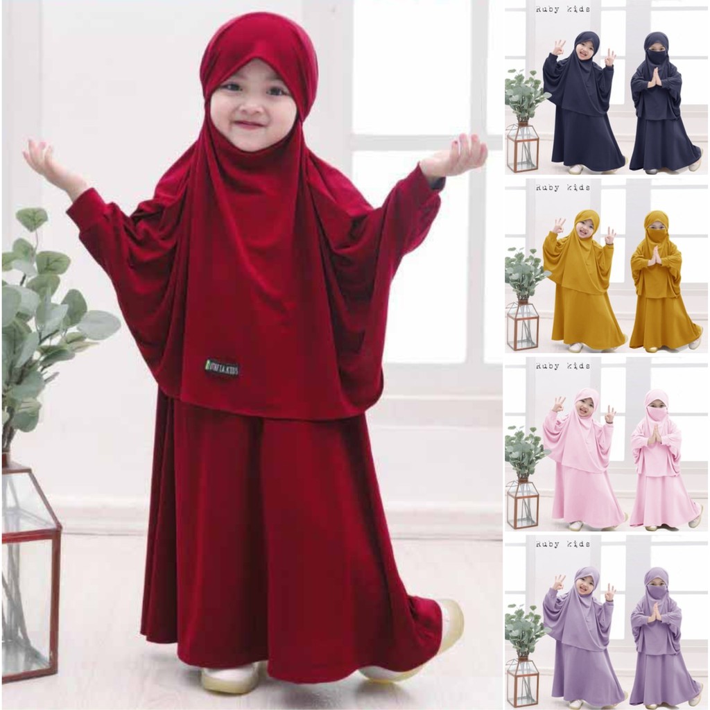 FenishaStore Baju Gamis Syar’i Jilbab Cadar Set Anak Perempuan Ruby Kids Usia 5-7 Tahun