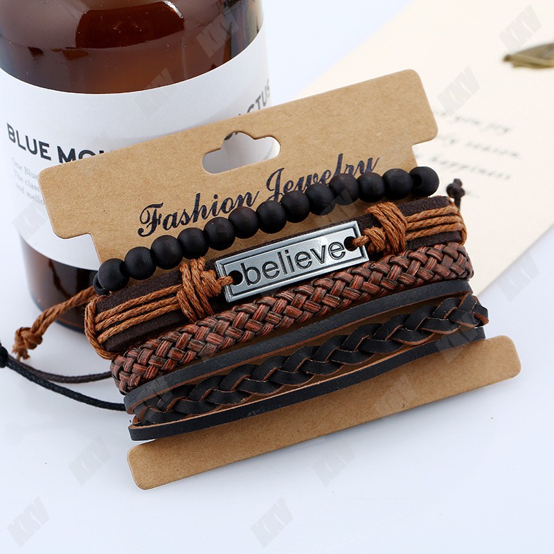 believe Gelang Pria 4-Piece Set Kulit Sapi Paduan Tali Dikepang Manik-Manik Disesuaikan Gelang Hadiah