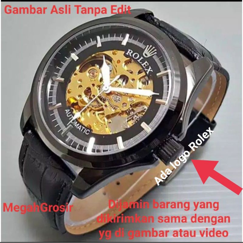 Jam Tangan Pria  Cowok Rolex Kulit Automatic Skeleton  Transparan