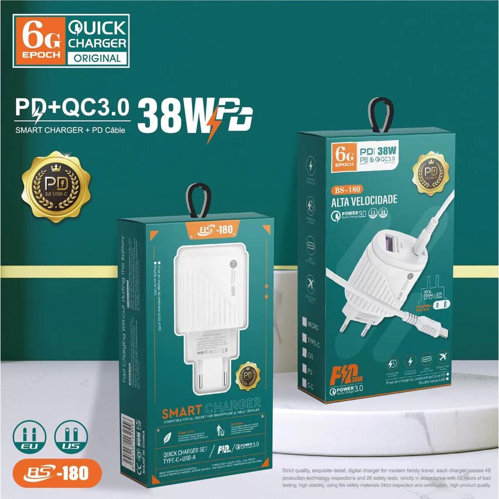 Travel Charger EPOCH 6G 2USB 38W Super Fast Charging BS160 BS170 BS180 Casan 38Watt Dengan Kabel Data Micro