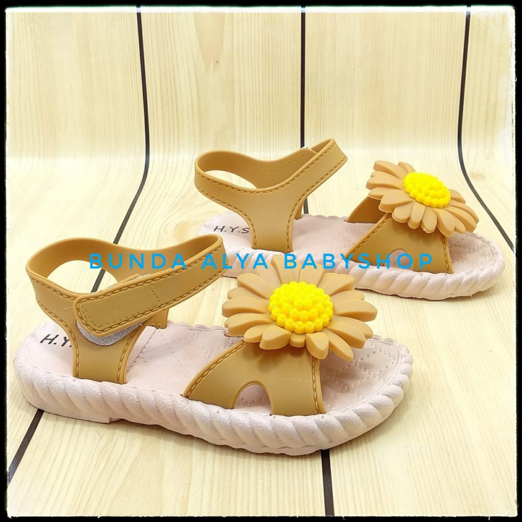 Sendal Anak Perempuan IMPORT Usia 3 4 Tahun COKLAT Elastis - Sepatu Sandal Slop Anak Cewek Lentur Bunga Kuning Alas Karet Anti Licin