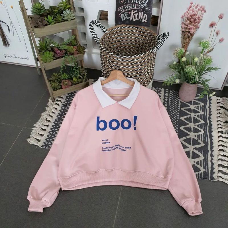 JAKET CROP KERAH BOO! sweater crop wanita terbaru