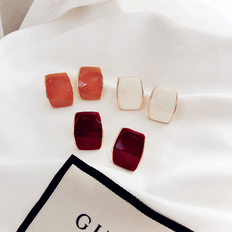 Anting Bentuk Kotak Geometris Burgundy Untuk Wanita Aksesoris vintage Korea