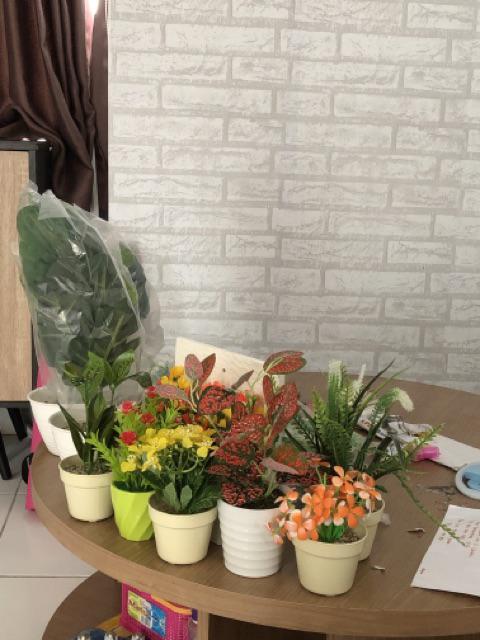 Set Bunga Plastik Palsu Artificial Dengan Pot Kayu Kotak Putih Dinding