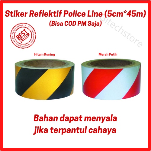Stiker Reflektor Stiker Reflektif Hitam Kuning Merah Putih Police Line Stiker Pemantul Cahaya 5cm*45m