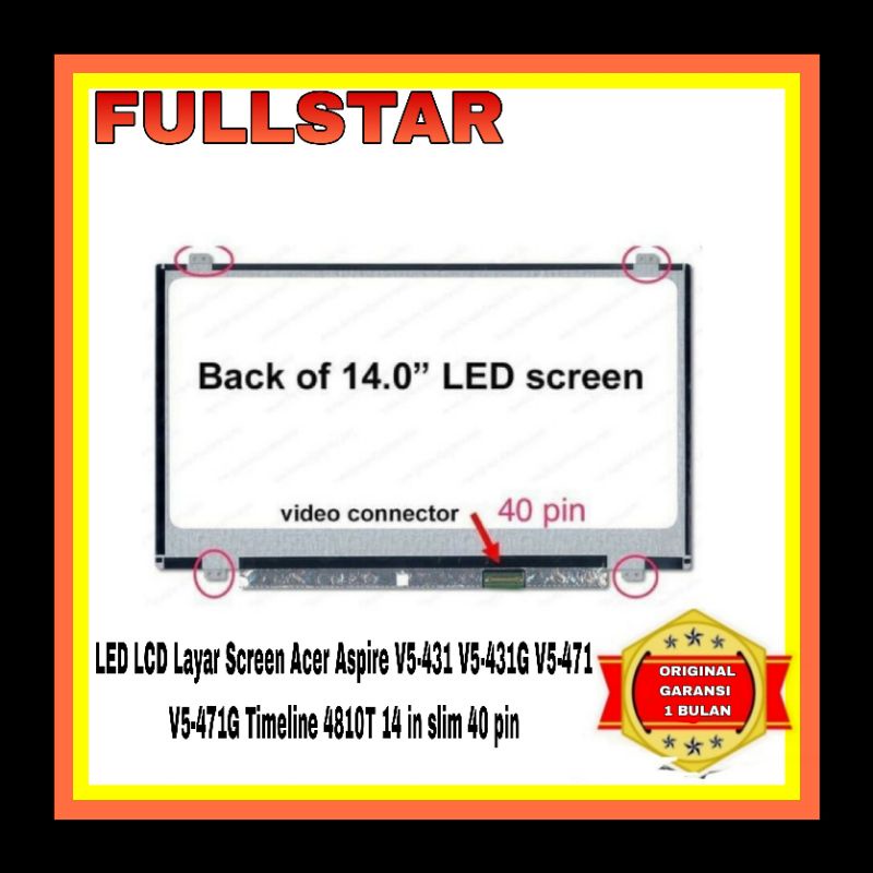 LCD LAYAR LED PANEL LAPTOP 14&quot; 0 SLIM  40 PIN KANAN KUPING ATAS BAWAH