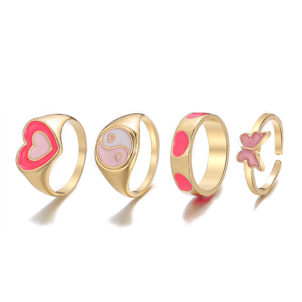 4pcs / Set Cincin Desain Kupu-Kupu Hati Warna Pink Untuk Wanita