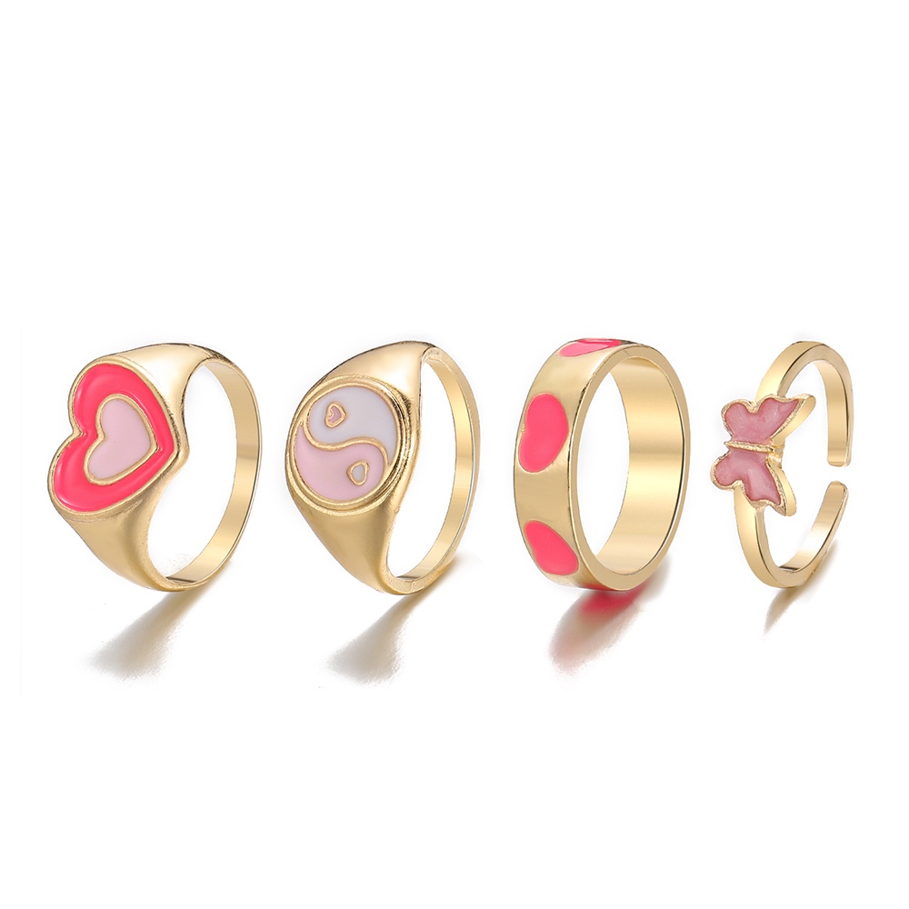 4pcs / Set Cincin Desain Kupu-Kupu Hati Warna Pink Untuk Wanita