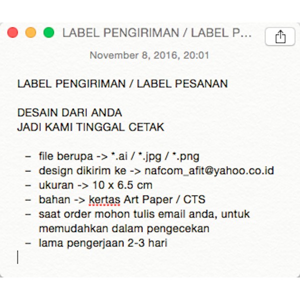 

LABEL PENGIRIMAN DESAIN DARI ANDA,KAMI HANYA CETAK 6,5x10 CM