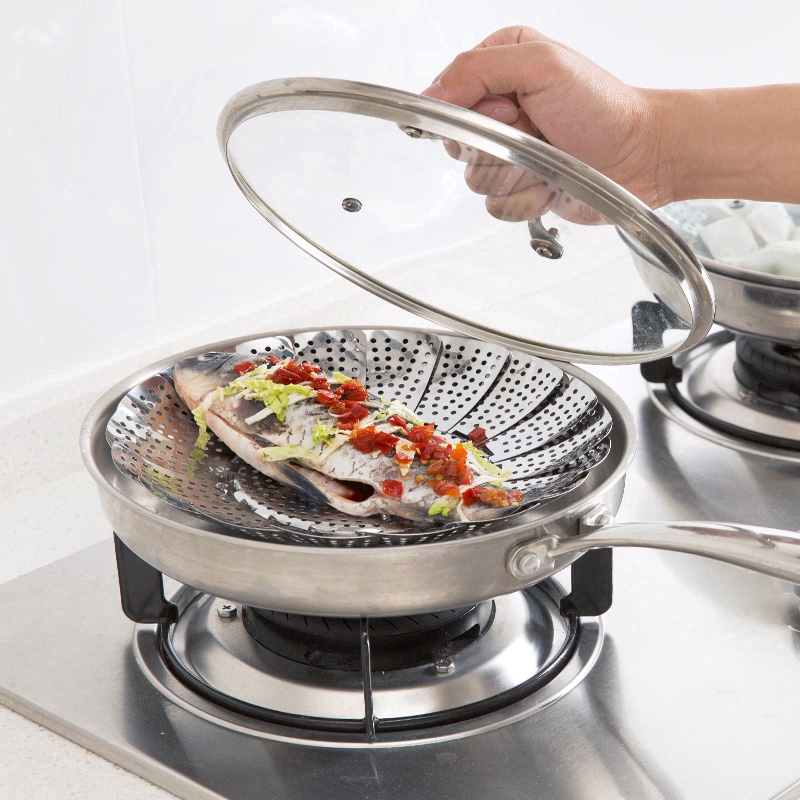 Keranjang Steamer Makanan/Panci Jaring Kukus Ikan Telur Lipat Yang Dapat Ditarik/Tempat Penyimpanan Rak Makanan Kukus Bun Stainless Steel/Expandable Mesh Steamer Cookware Alat Dapur