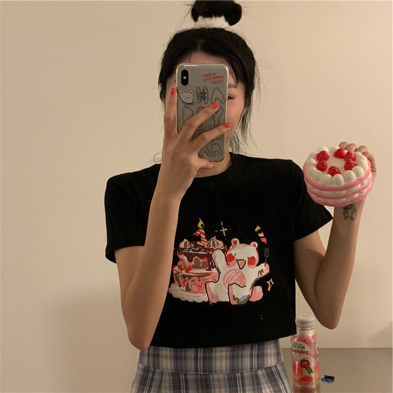 [littlecrab] Kaos Crop Happy Birthday Beruang Ulang Tahun Kue Lilin Unik Lucu Croptop Bday Lembut Berkualitas Beruang Pesta Kue Baju Crop Aesthetic Birthday Top Korean Style