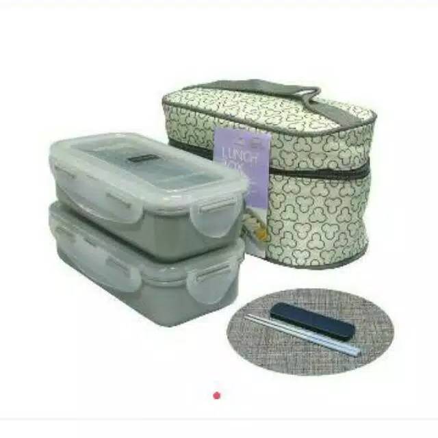 Lock &amp; Lock lunch Box 2 Pcs with Bag &amp; Spoon Fork Set kotak bekal Estetik Lock n Lock HPL752 HPL762