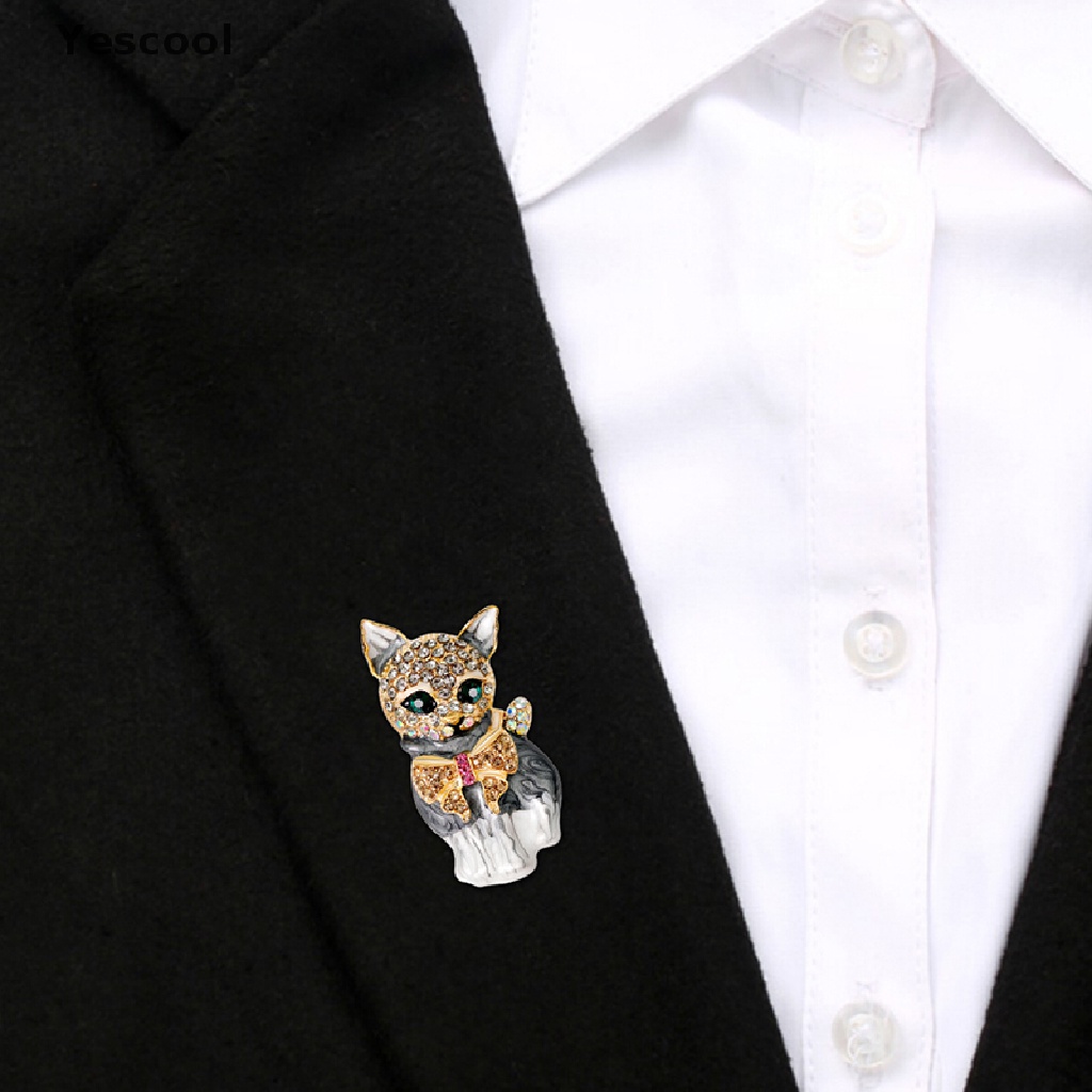 Yescool Bros Pin Enamel Desain Kartun Kucing Mata Hijau Hias Kristal Untuk Aksesoris Tashadiah