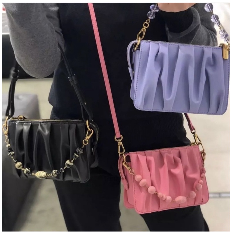 C Ruched Beaded Handle Shoulder Bag