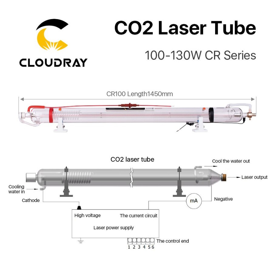 CloudRay CO2 Laser Tube Tabung Laser CR 100 Watt 100W Metal Head