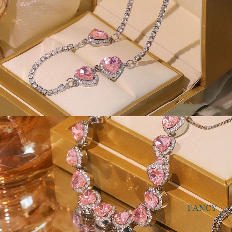 Kalung Rantai Dengan Liontin Hati Warna Pink Aksen Batu Zircon Untuk Wanita