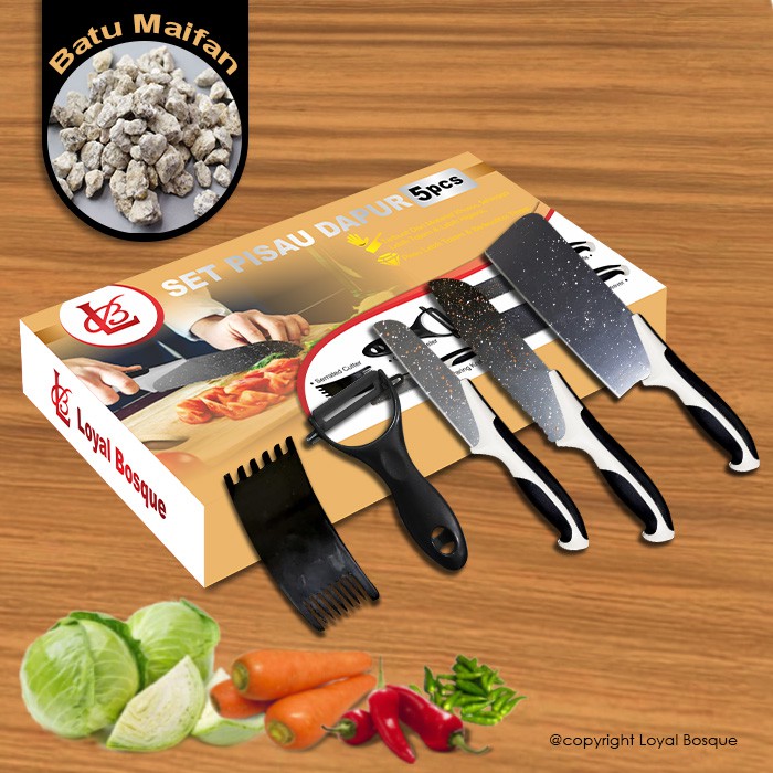 Cod Set 5 Pisau Hitam Chef Knife / Small Cleaver / Paring Knife / Peeler / Serrated Cutter (j13)