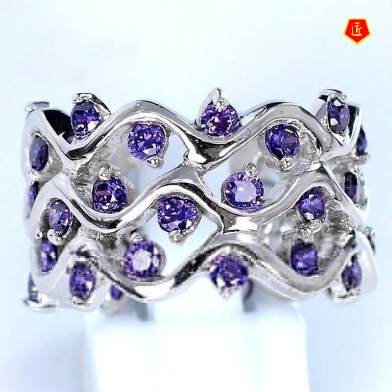 [Ready Stock]Inlaid Amethyst Ring Full Diamond Creative Fashion Elegant