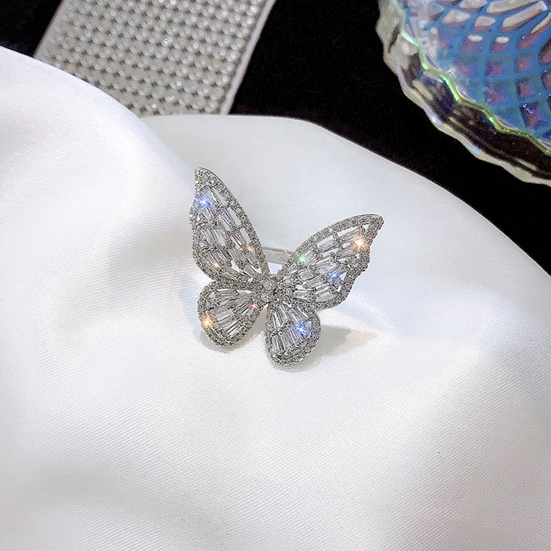 Cincin Jari Telunjuk Model Terbuka Desain Kupu-Kupu Aksen Zirkon Gaya Korea