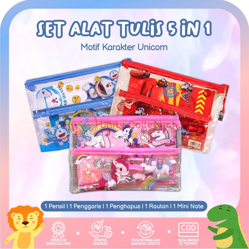 

Zipper Pouch 5 in 1 Tempat Pensil Karakter Kartun Alat Tulis Set