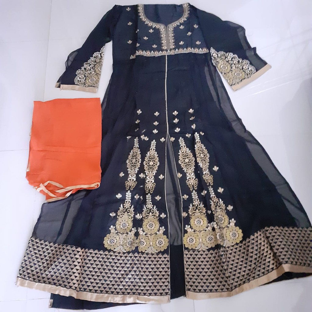 Baju Dress Anarkali India Warna Hitam Sulam Timbul