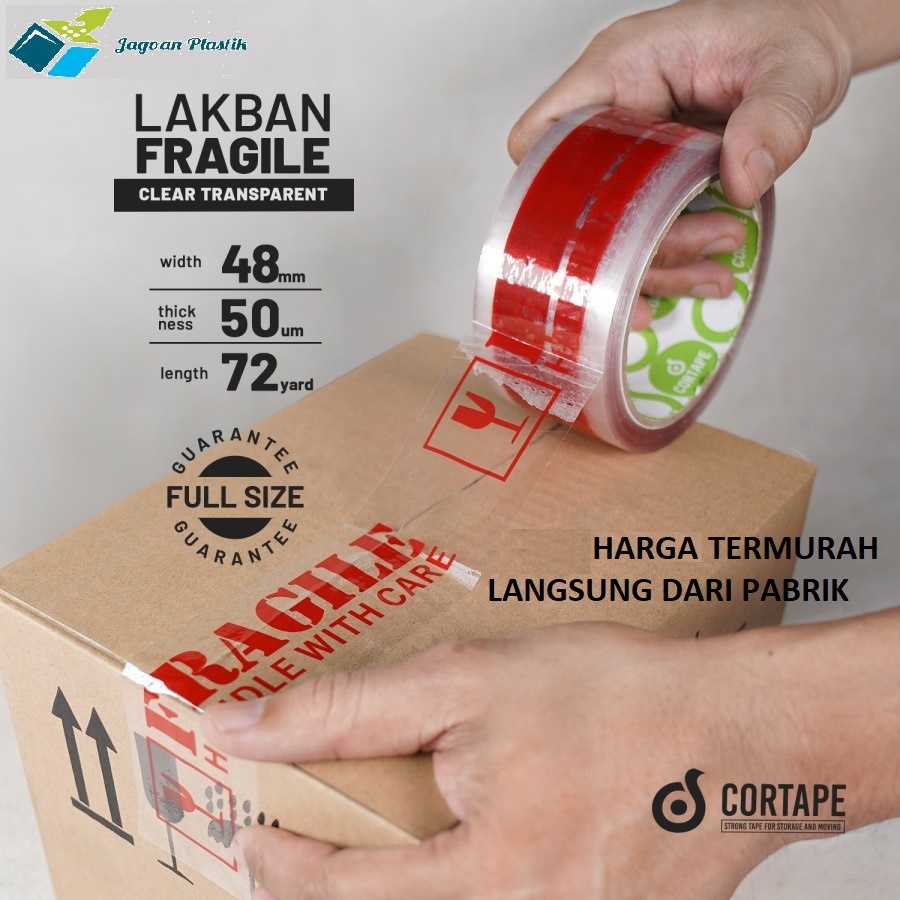 LAKBAN STIKER FRAGILE FONT MERAH DASAR BENING 48 MM X 72 Y