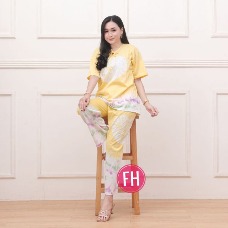 Setelan Piyama Kaos Perempuan Dewasa Motif Jumputan Tiedye One Set Wanita Kekinian Baju Tidur Termurah