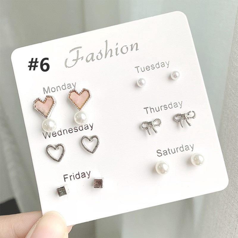 6Pcs / Set Anting Tusuk Model Kristal Satu Minggu Simple Gaya Korea untuk Wanita