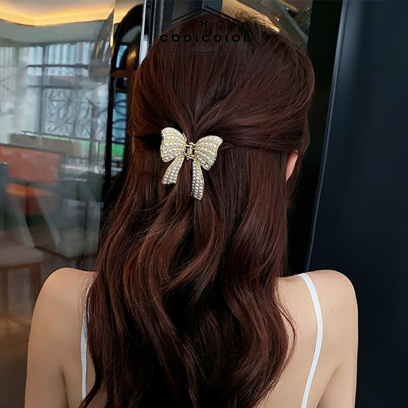 COD❤️Jepit Rambut Busur Simpul Mutiara Mutiara Anak Perempuan Rambut Panjang Sedang Aksesoris Rambut Fashion Wanita Perhiasan Fashion Simple Murah