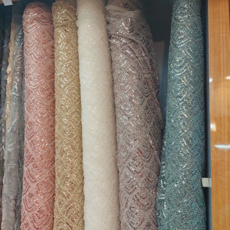 kain brokat chantily full payet batu brilian. bahan chantily.kain chantily payet