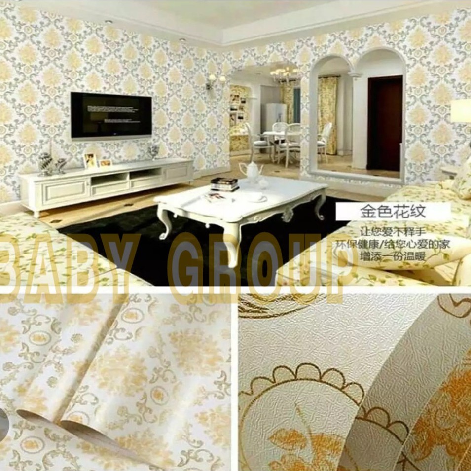 HARGA MURAH!!!! Wallpaper Stiker Dinding  Motif Dan Karakter Premium Quality Size 45cm X 10M Batik Hijau Gold Clasik