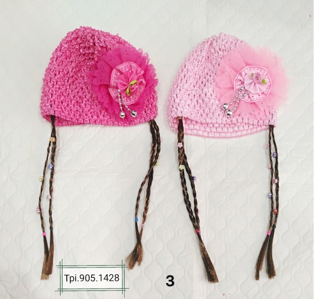 Topi bayi perempuan 0-4m berambut lucu / topi kupluk bayi cewek rambut kepang