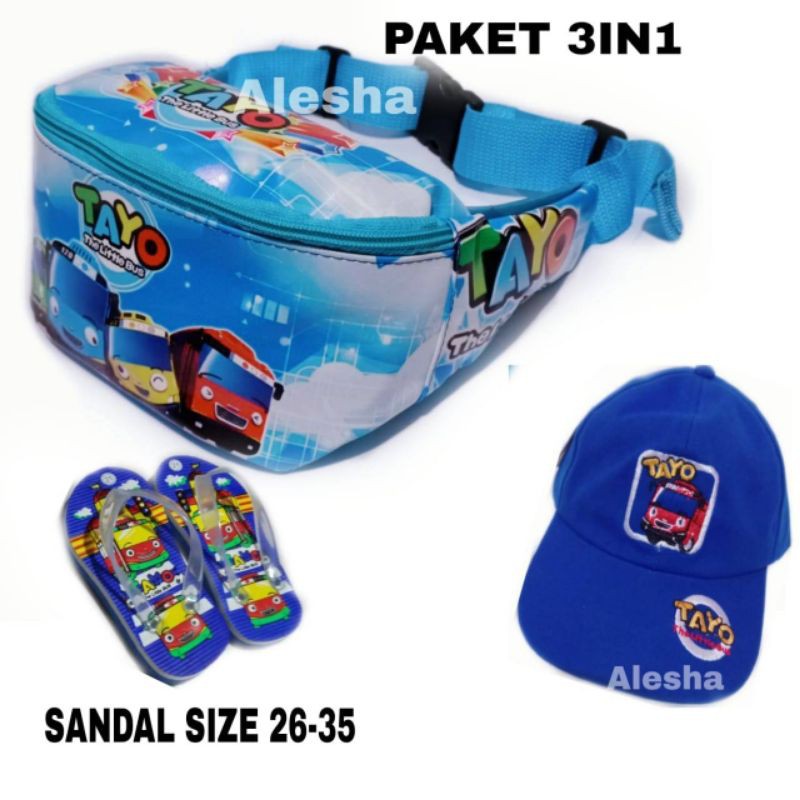 PAKET HEMAT 3IN1 TAS WAISTBAG ANAK + TOPI DAN SANDAL KARAKTER