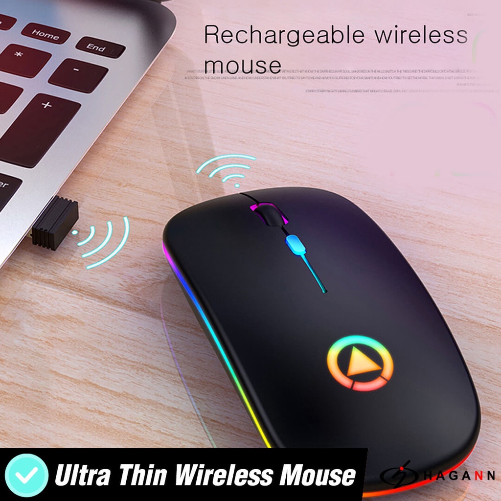 Mouse Wireless Silent Click Rechargeable Laptop Wireles RGB Led USB Unik Ergonomic Up To 1600 DPI