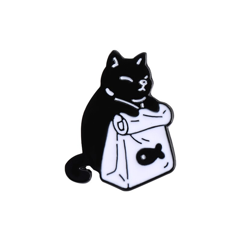 Bros Pin Enamel Bentuk Kucing Hitam Putih Lucu Untuk Aksesoris Fashion Wanita