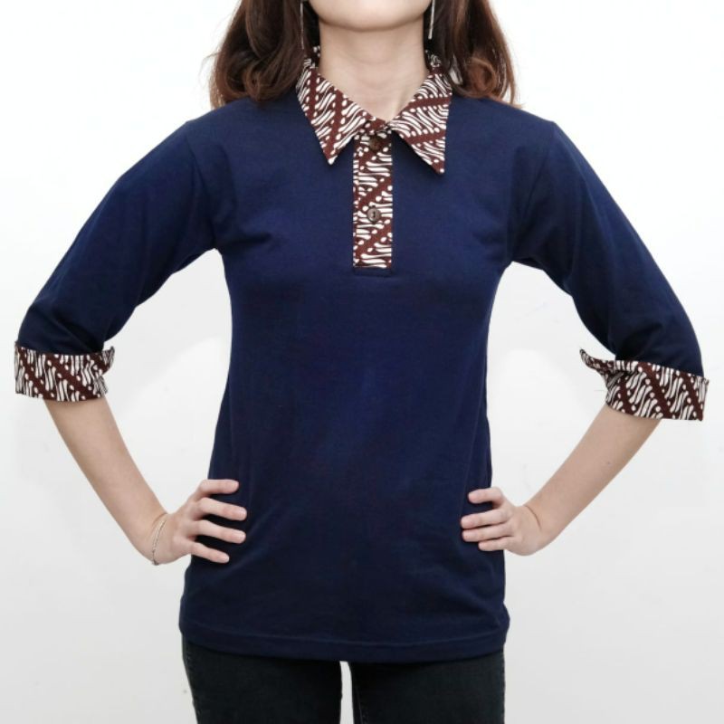 Kaos Krah Polo Variasi Batik Lengan 3/4 Wanita Warna Biru Donker Navy Premium Jabrik Jogja