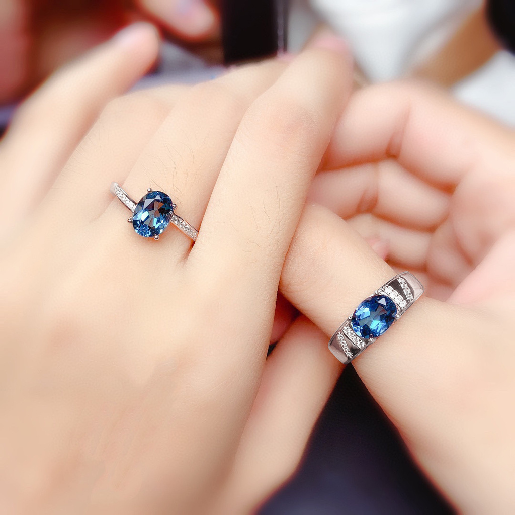 Safir S925 Perak Sterling Cincin Pasangan Berlian Kristal Pria Wanita Fashion Perhiasan Pertunangan Pernikahan Couple Rings